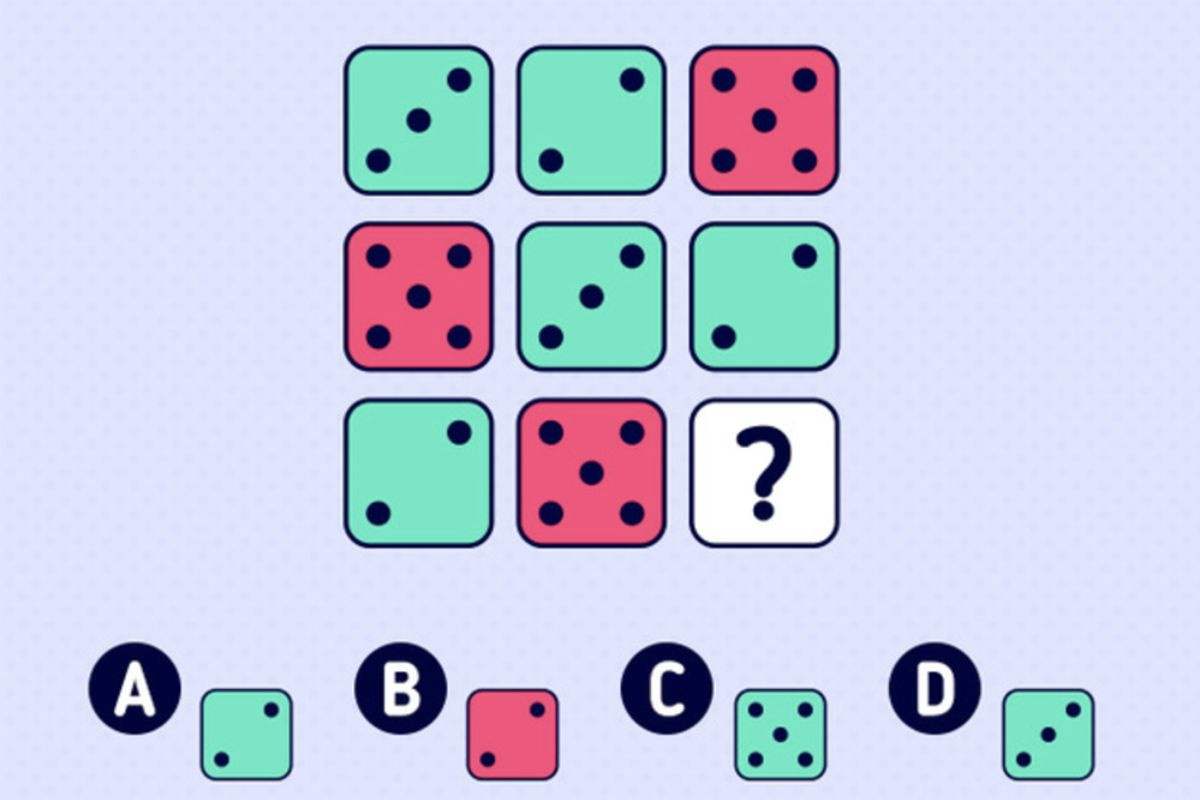 Hình cần điền là D bởi ở mỗi hàng đều có ba con xúc xắc hiện số chấm là 2, 3 và 5, trong đó có con xúc xắc 5 màu đỏ