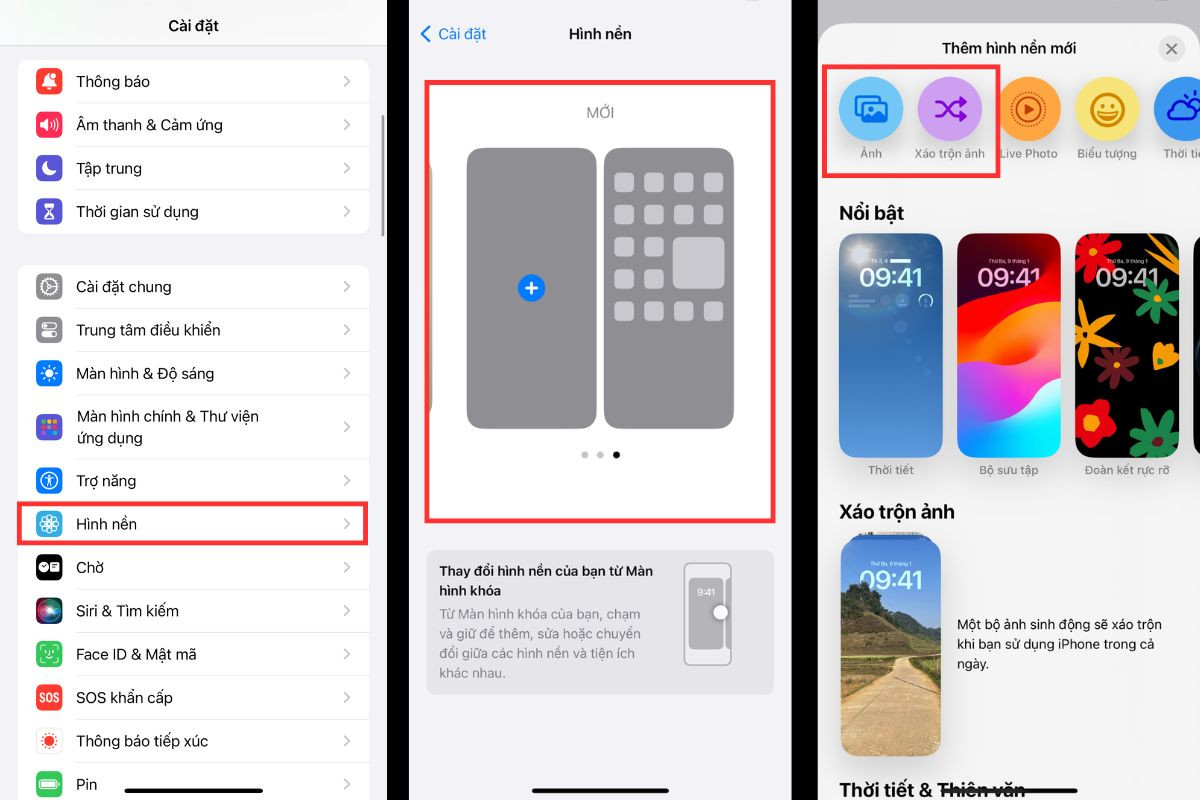 Chọn Hình nền trên ứng dụng iPhone > chọn đặt hình nền mới > chọn ảnh mới