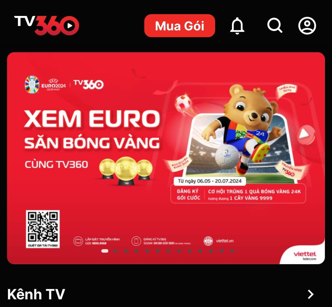 Cách mua gói cước xem trực tiếp EURO 2024 trên app TV360