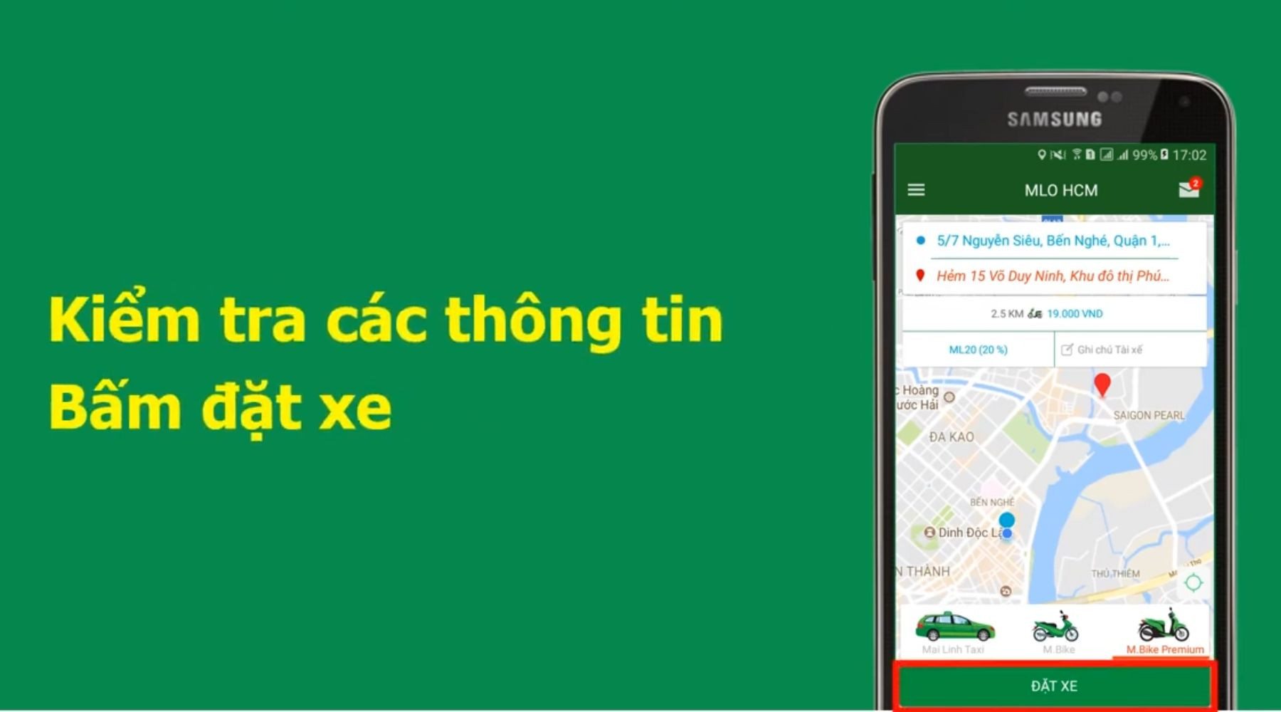 Nhấn đặt xe để hoàn thành quá trình book taxi Mai Linh đến điểm đón