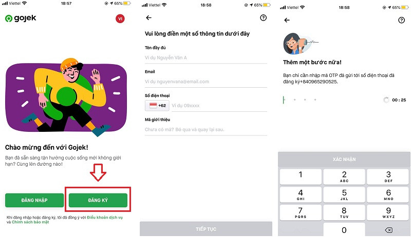 Đăng ký Gojek bằng số điện thoại và nhập mã OTP