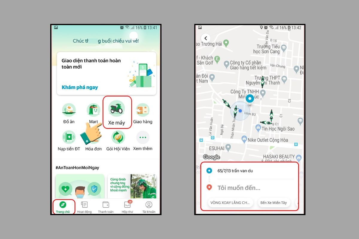 Chọn điểm đến và điểm đón tại mục Xe máy trong trang chủ Grab