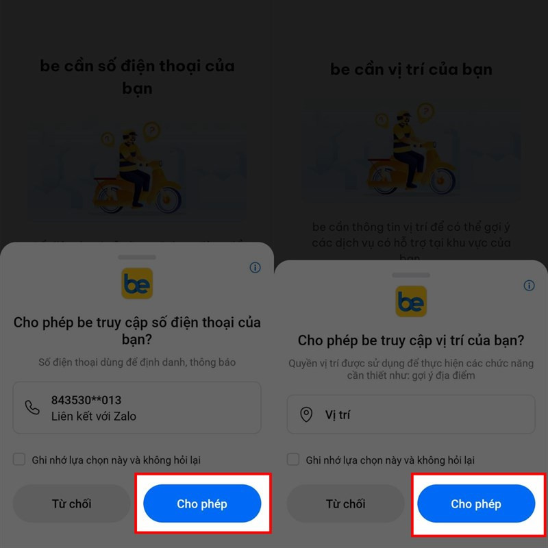 Đồng ý cấp quyền truy cập vào số điện thoại và vị trí hiện tại