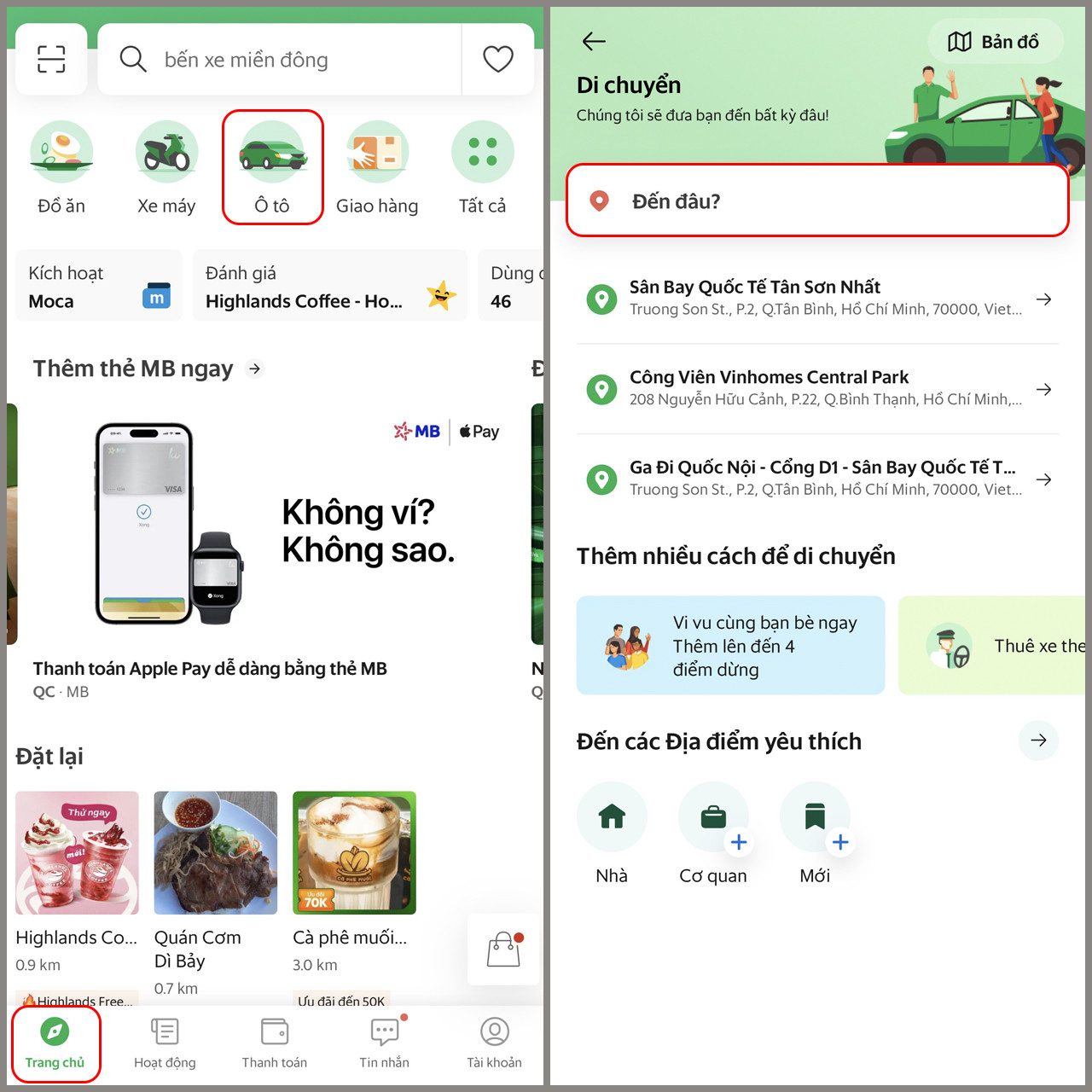 Chọn mục Ô tô trong giao diện chính thức của Grab